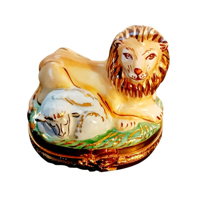 Lion and Lamb statue with Hebrew and Christian symbols
