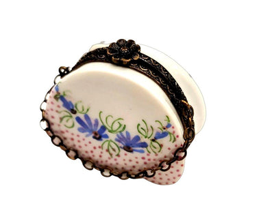 Pink Purse w Blue Flowers w Special Antiqued Brass - One of a Kind Hand Painted Limoges Box Porcelain Figurine-purse trinket box limoges-CHPU7