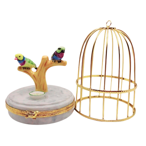 Tanager birds in a cage Limoges figurine box 