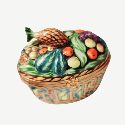 Fruit Basket filled with apples, oranges, bananas, and grapes 