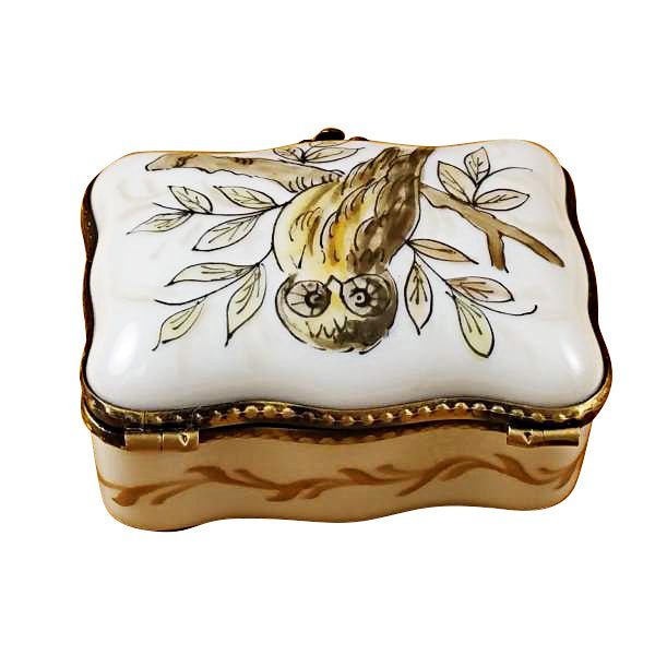 Owl Rectangle Box with Hand-painted Owl Design and Floral Patterns 
