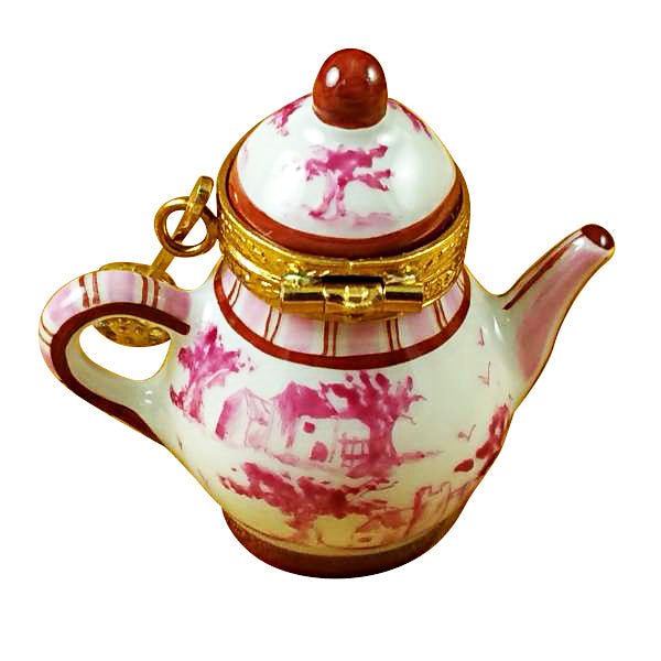 Pink Toile Teapot with delicate floral patterns and elegant curved handle 