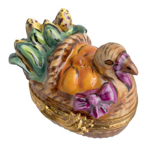 Hand-woven wicker basket filled with fresh, organic Thanksgiving turkey and festive garnishes
