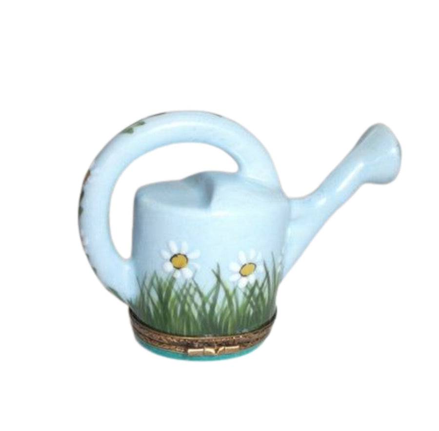 Watering can with daisies on a bright, sunny day 