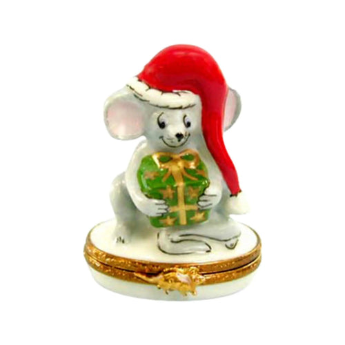 Merry Christmas Mouse holding a candy cane and wearing a Santa hat, surrounded by twinkling lights and festive decorations