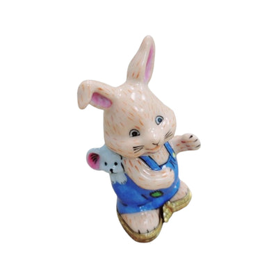 A fluffy white bunny rabbit with a cute mouse friend sitting together