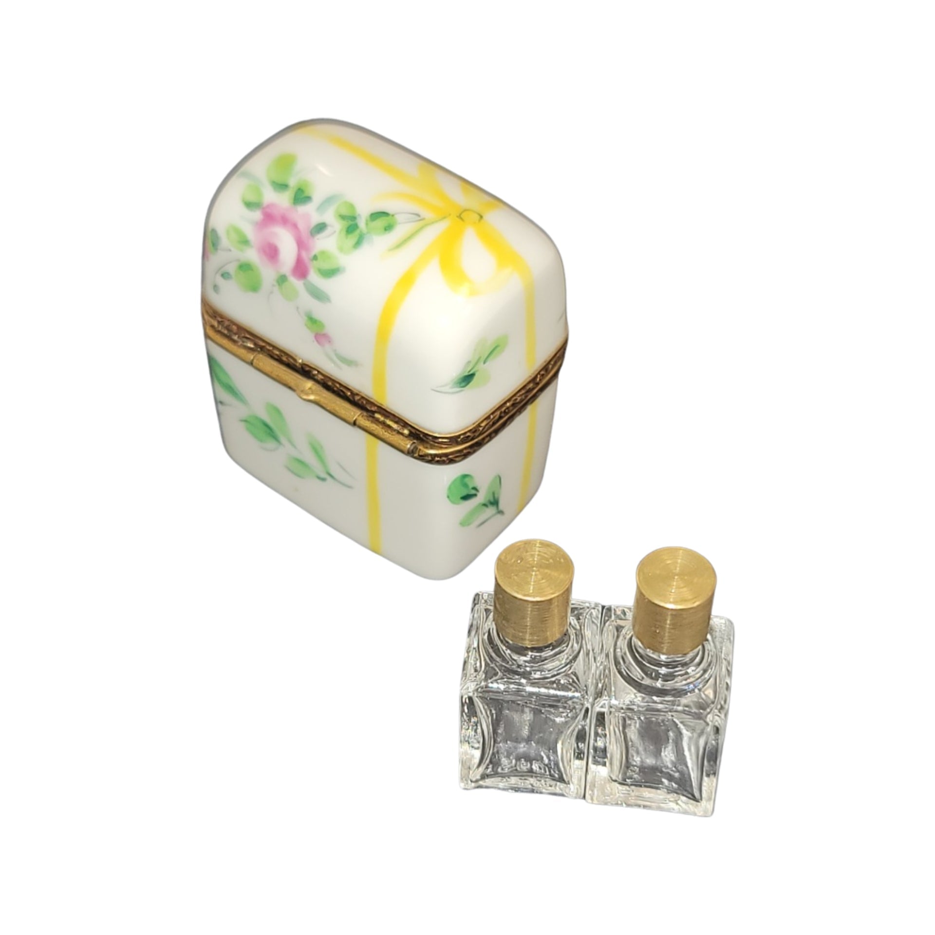 Yellow Bow Floral Perfume Box Porcelain Limoges Perfume French Trinket Box
