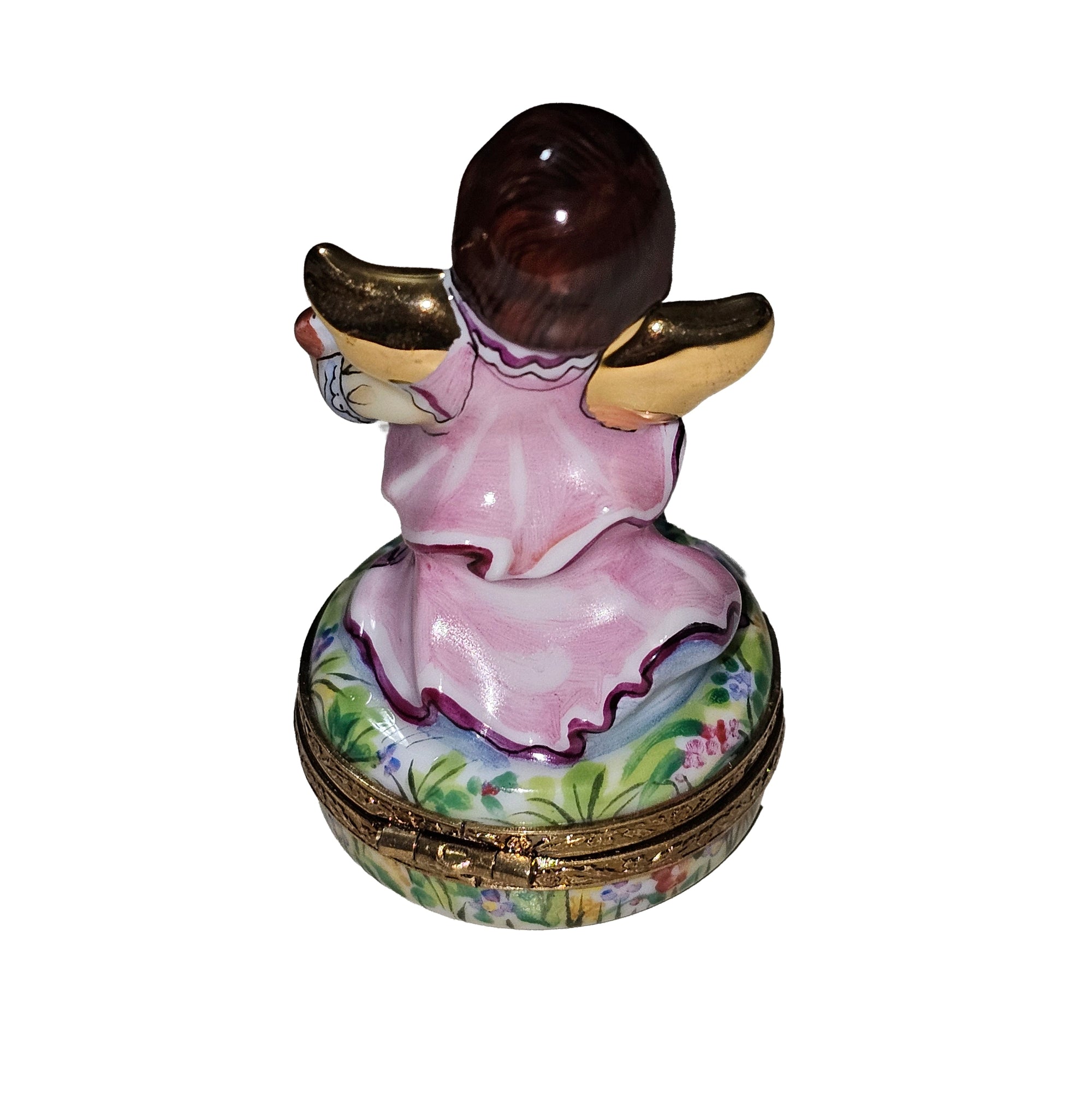 Brunette Angel Playing Harp Porcelain Limoges Angel French Trinket Box