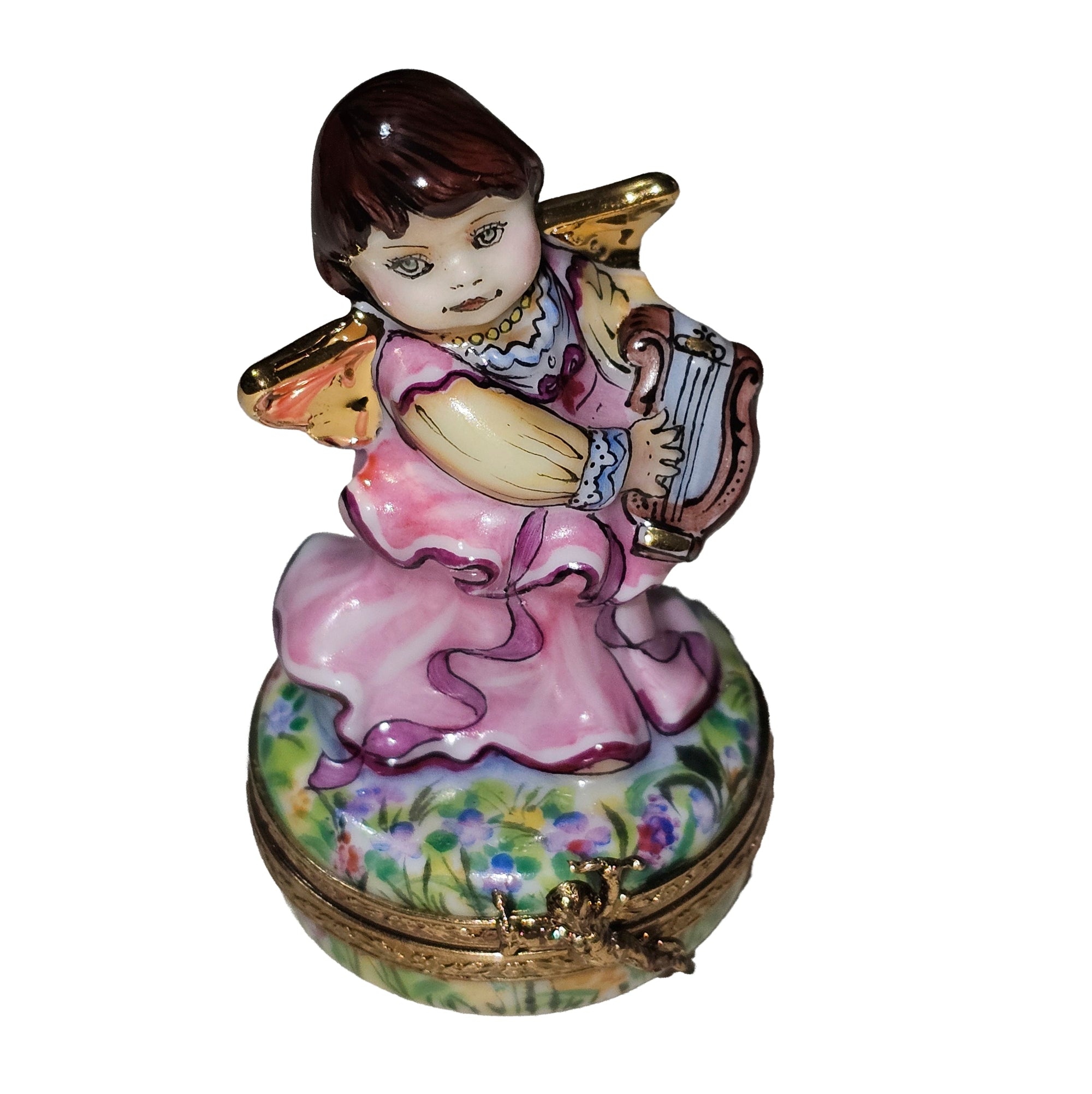 Brunette Angel Playing Harp Porcelain Limoges Angel French Trinket Box