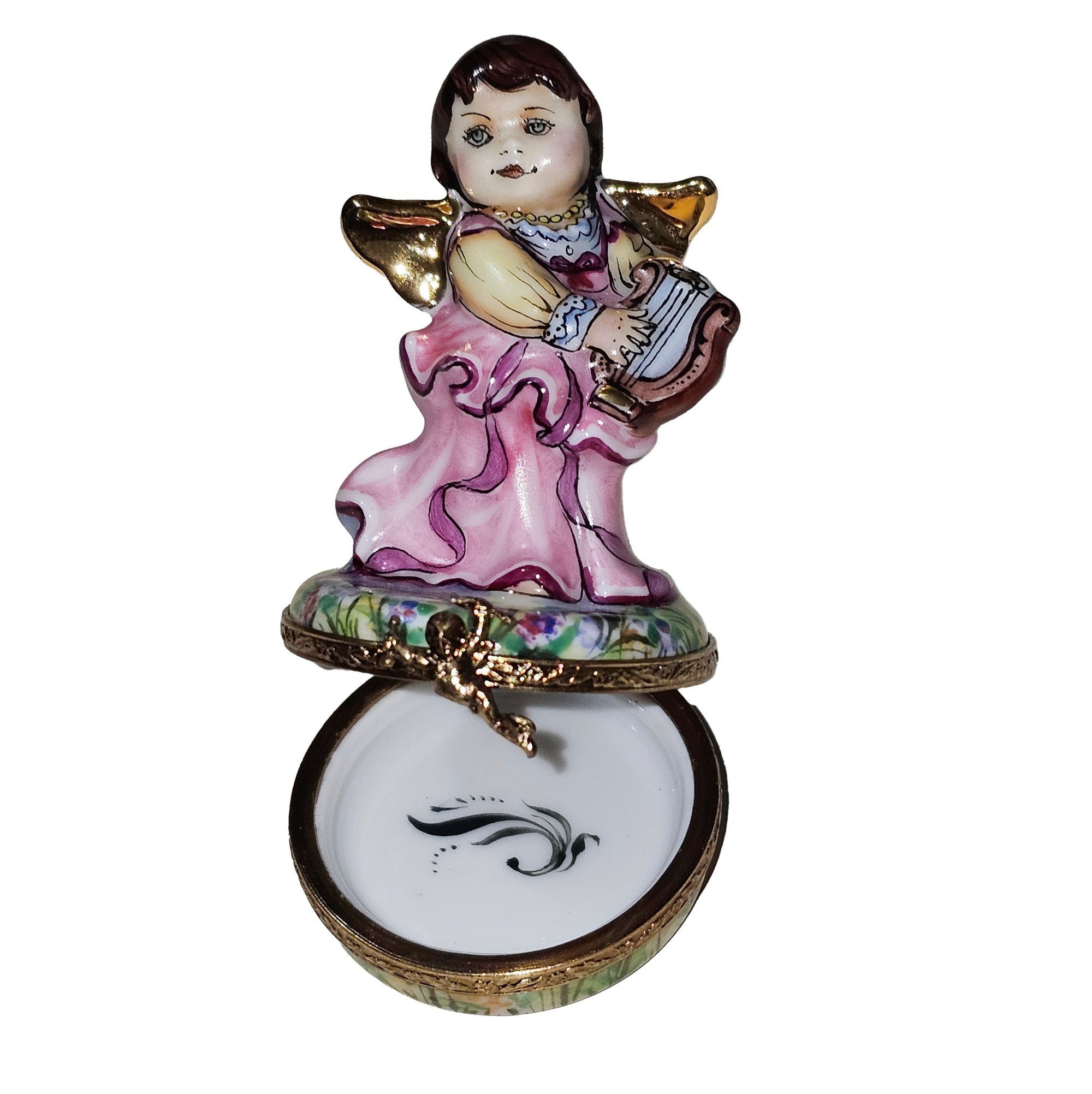 Brunette Angel Playing Harp Porcelain Limoges Angel French Trinket Box