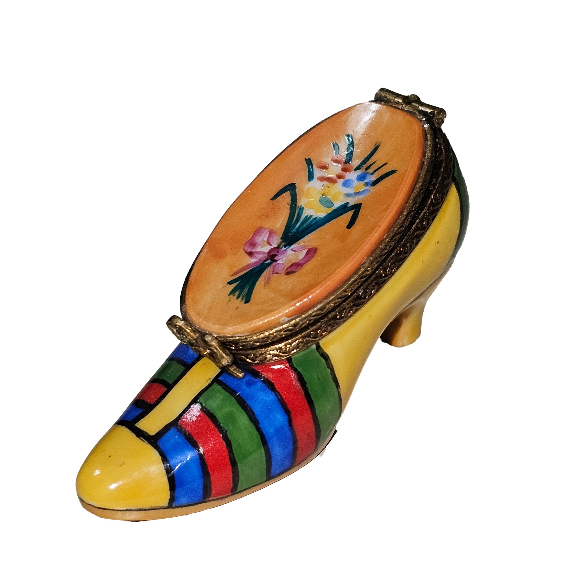 Whimsical Yellow Rainbow Shoe Porcelain Limoges Shoe French Trinket Box