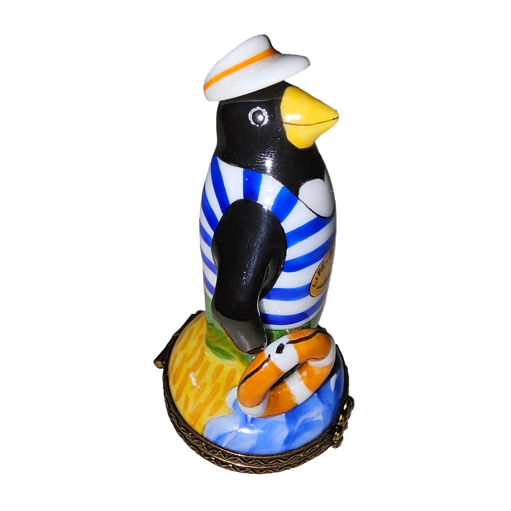 Rare Penguin Lifeguard Figurine Porcelain Limoges Bird beach French Trinket Box
