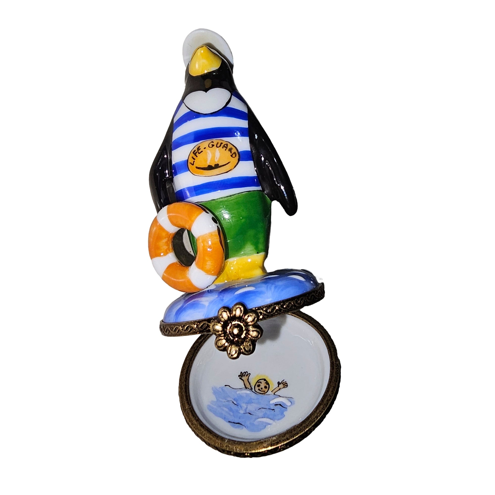 Rare Penguin Lifeguard Figurine Porcelain Limoges Bird beach French Trinket Box