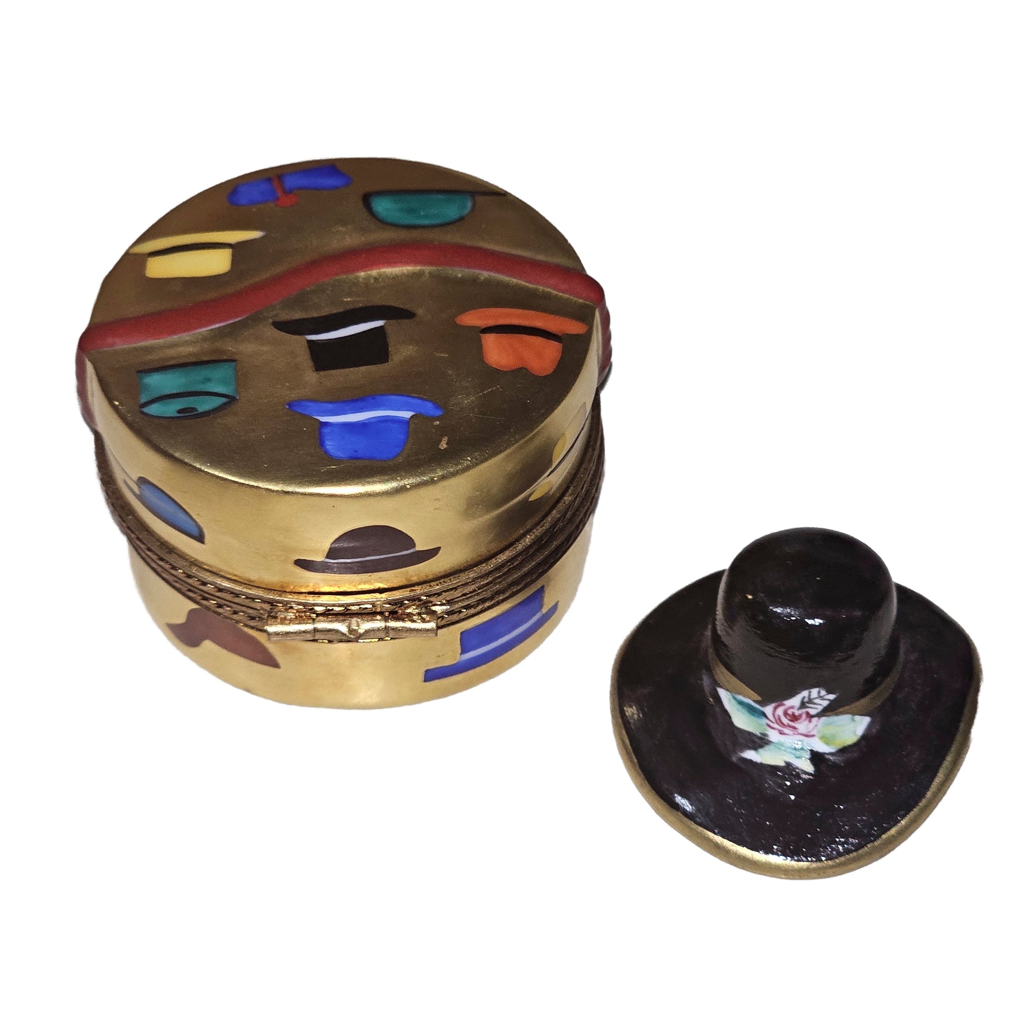 Gold Hat Box with Removable Hat Porcelain Limoges Hats shoes shoe French Trinket Box