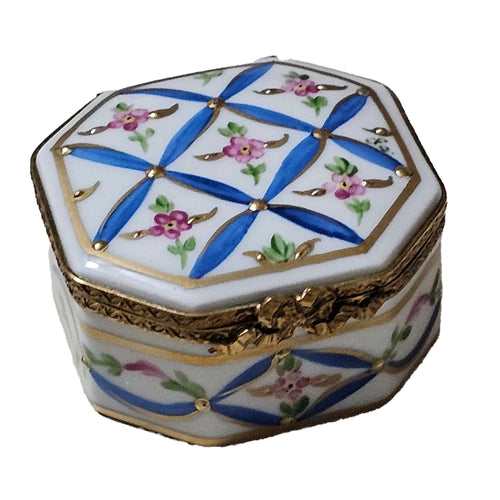 Hexa Blue Floral Treasure Box Porcelain Limoges traditional French Trinket Box