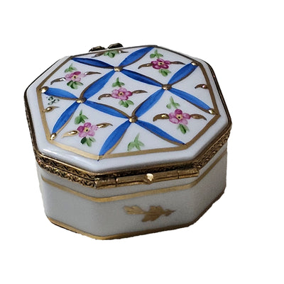 Hexa Blue Floral Treasure Box Porcelain Limoges traditional French Trinket Box