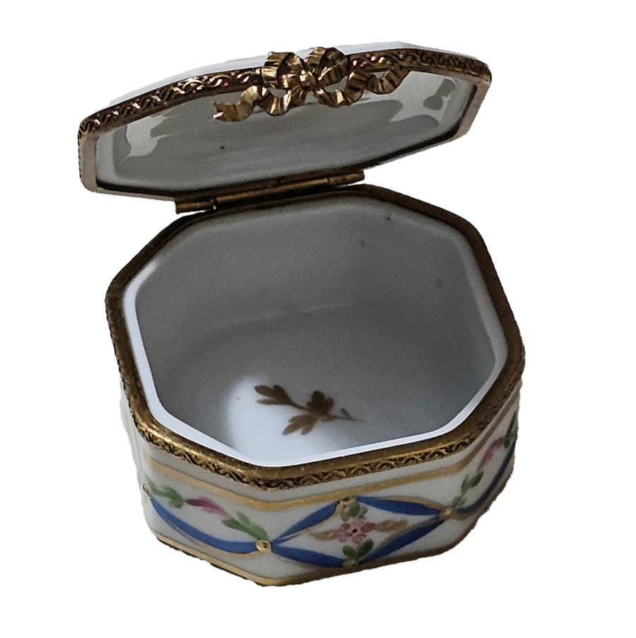 Hexa Blue Floral Treasure Box Porcelain Limoges traditional French Trinket Box