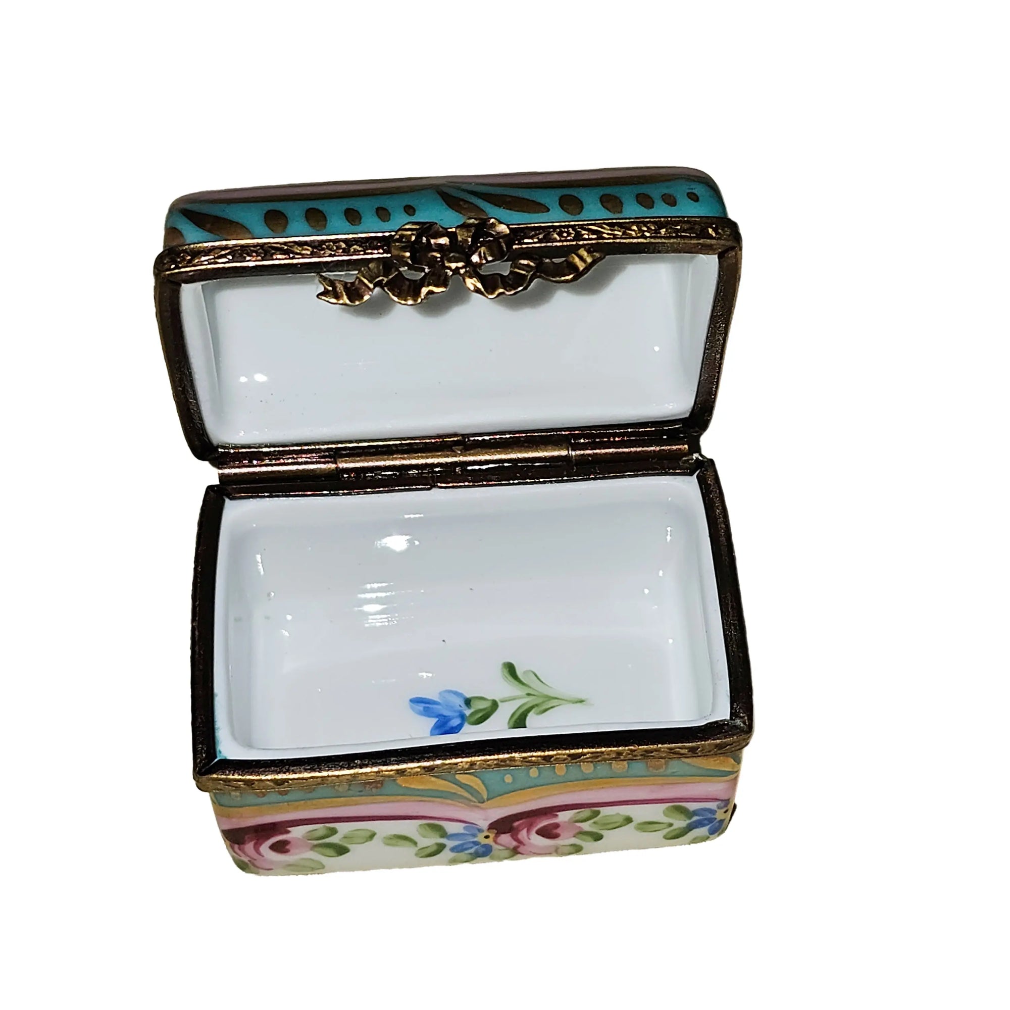 Turquoise Pink Floral Treasure Box Porcelain Limoges traditional French Trinket Box