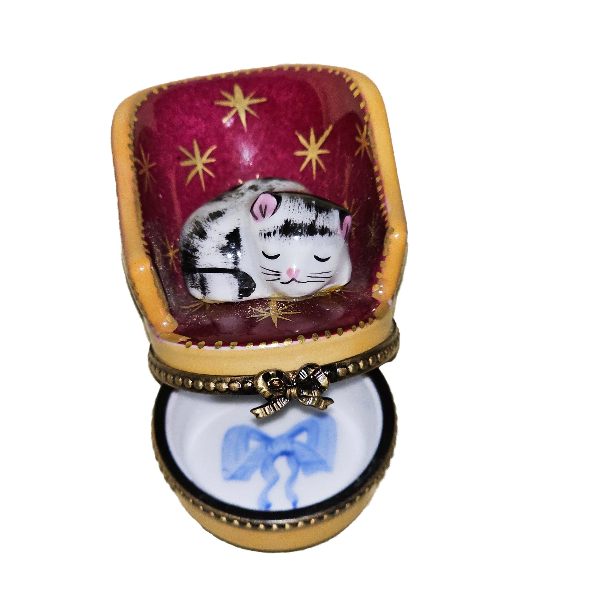 Sleeping Cat on Cozy Chair Porcelain Limoges cat French Trinket Box