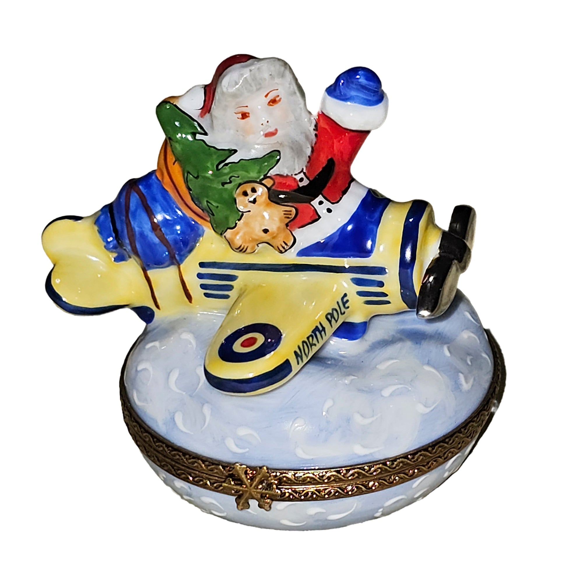 Santa's Festive Yellow Airplane Porcelain Limoges Santa claus French Trinket Box