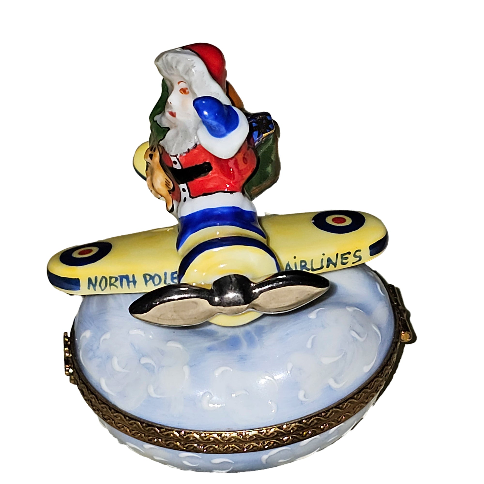 Santa's Festive Yellow Airplane Porcelain Limoges Santa claus French Trinket Box