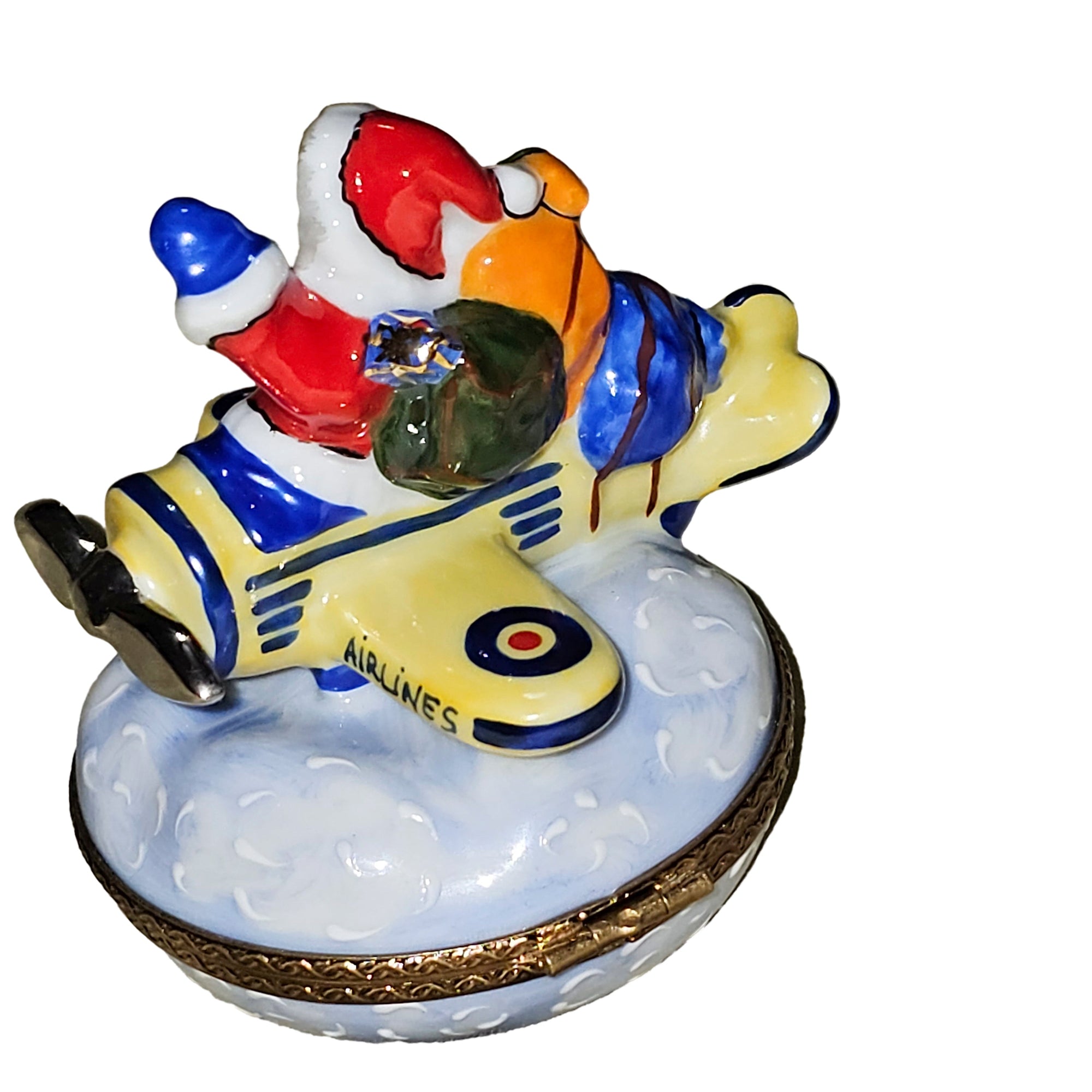 Santa's Festive Yellow Airplane Porcelain Limoges Santa claus French Trinket Box