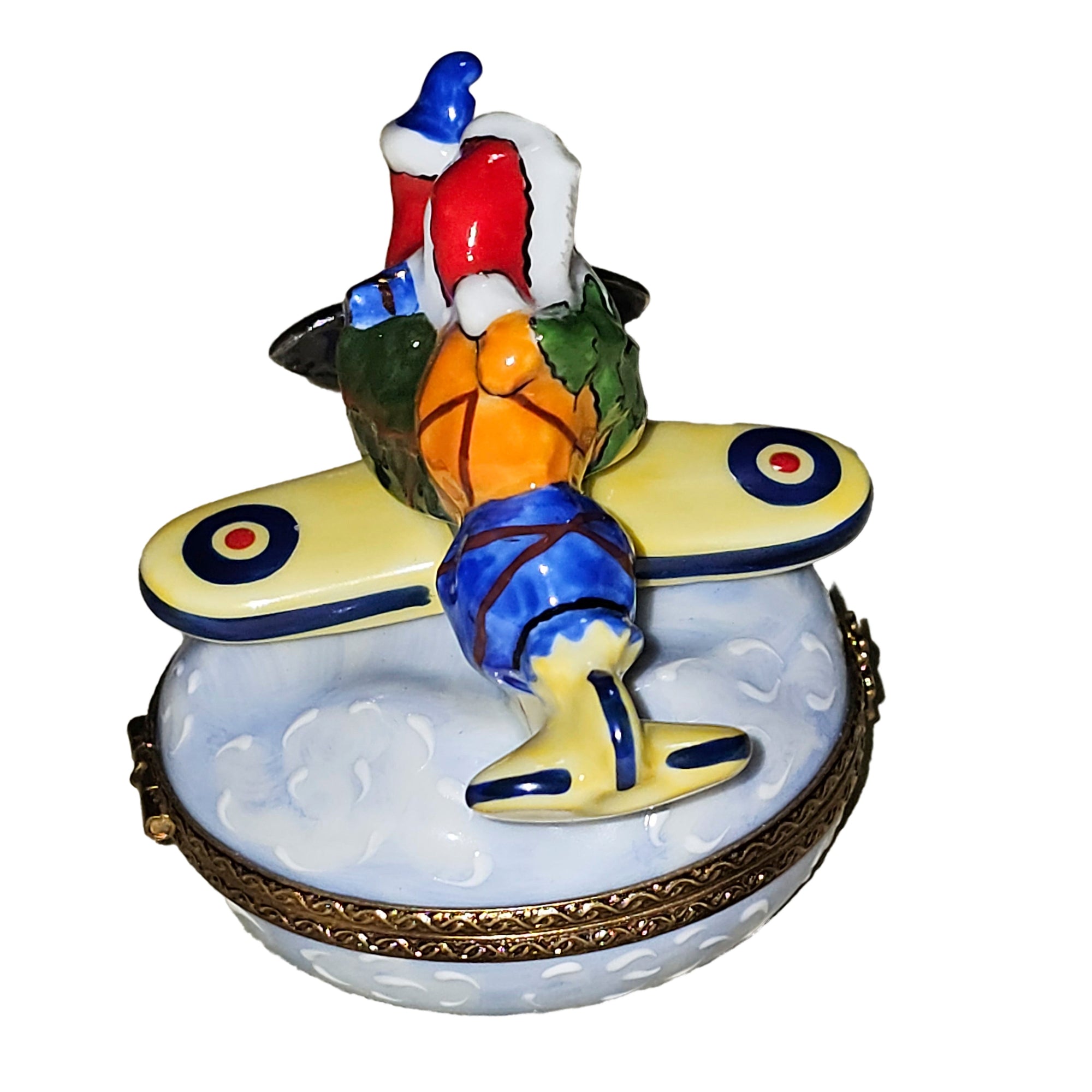 Santa's Festive Yellow Airplane Porcelain Limoges Santa claus French Trinket Box