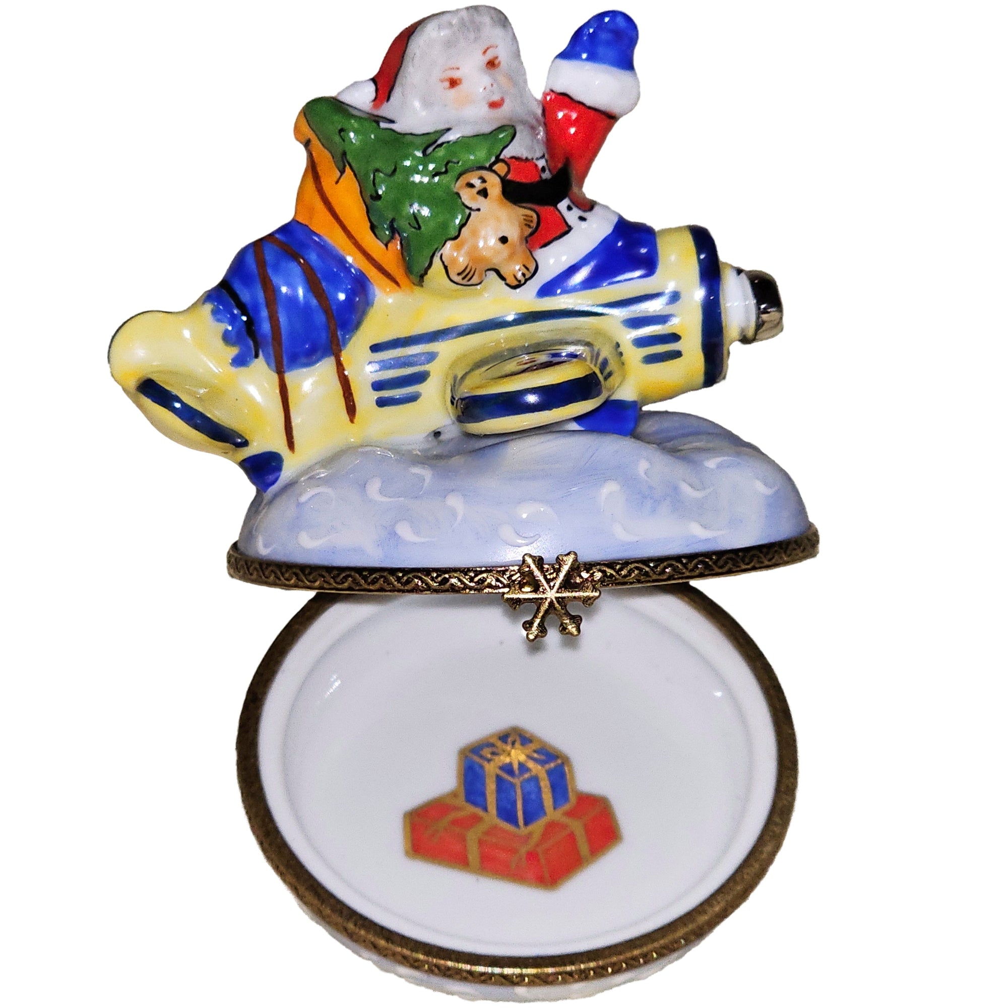 Santa's Festive Yellow Airplane Porcelain Limoges Santa claus French Trinket Box
