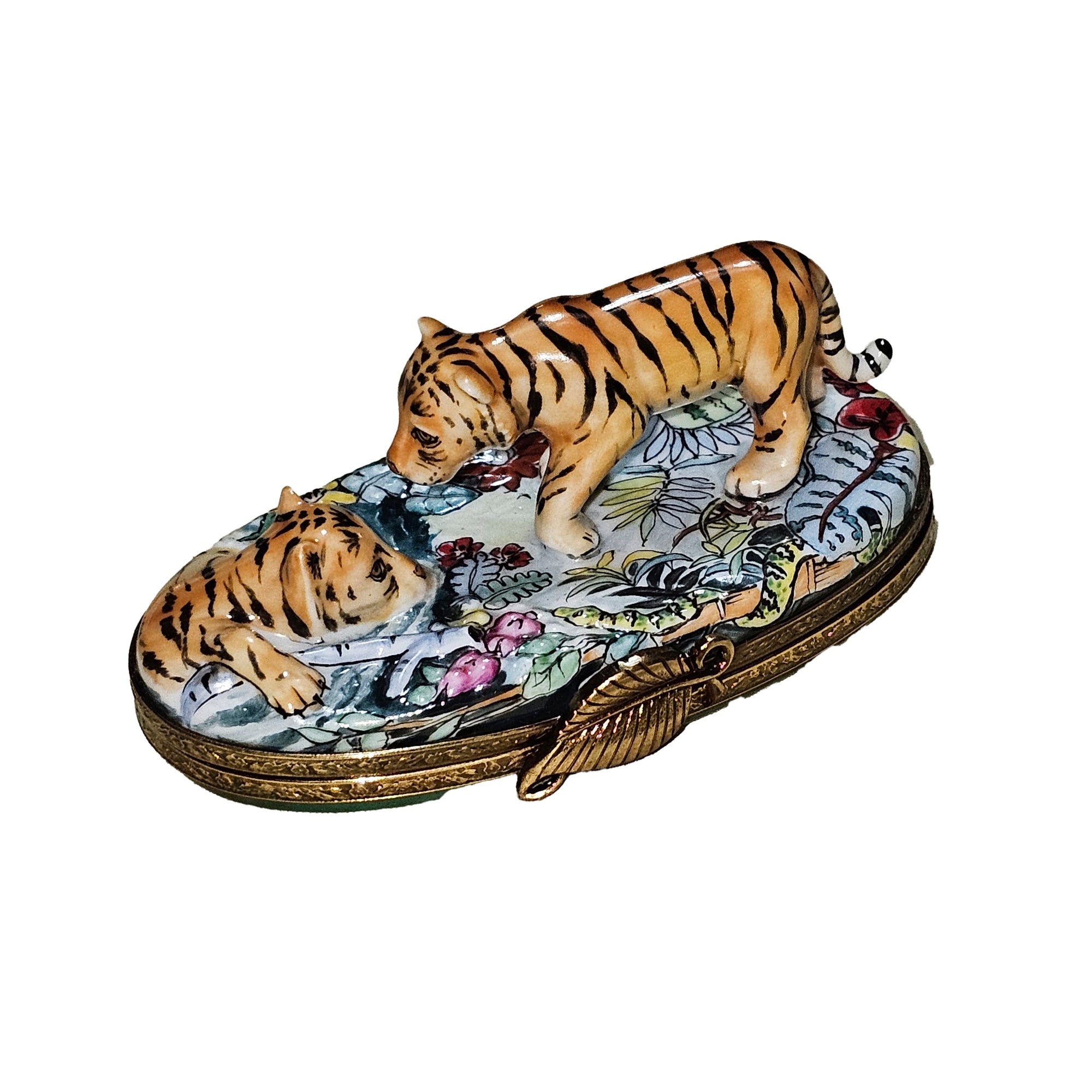 Majestic Jungle Tiger Duo Porcelain Limoges cat wild animals French Trinket Box