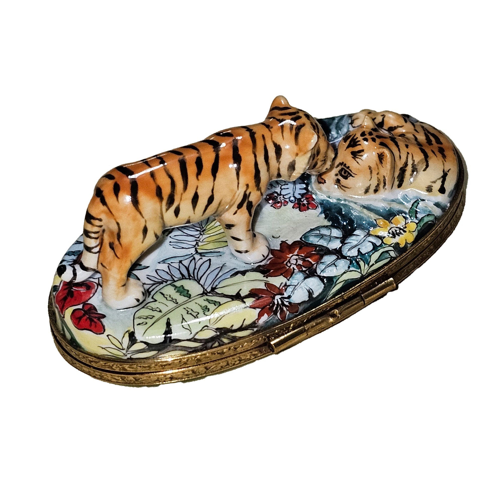Majestic Jungle Tiger Duo Porcelain Limoges cat wild animals French Trinket Box
