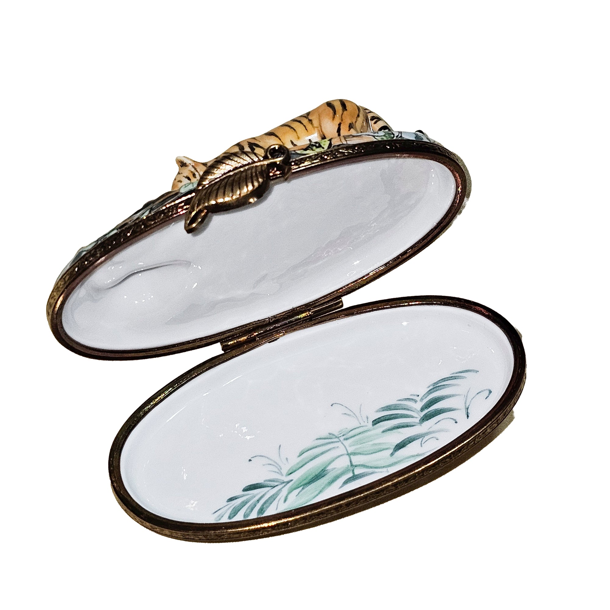 Majestic Jungle Tiger Duo Porcelain Limoges cat wild animals French Trinket Box