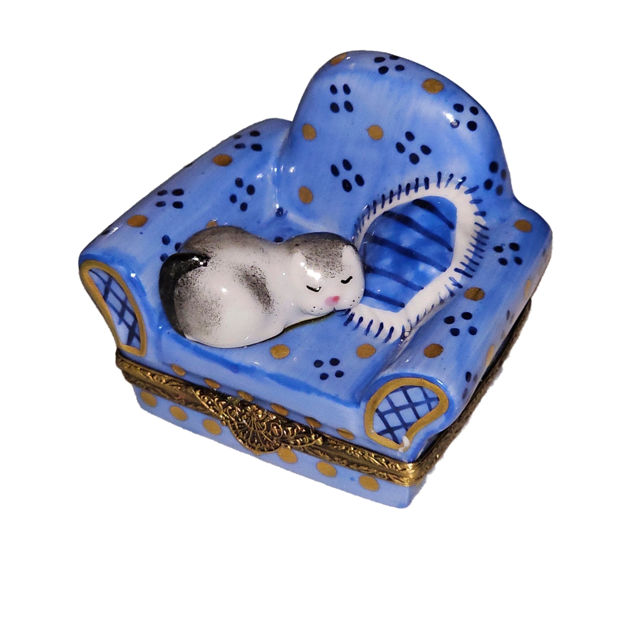 Cat Snuggled on Blue Armchair Porcelain Limoges cat furniture French Trinket Box