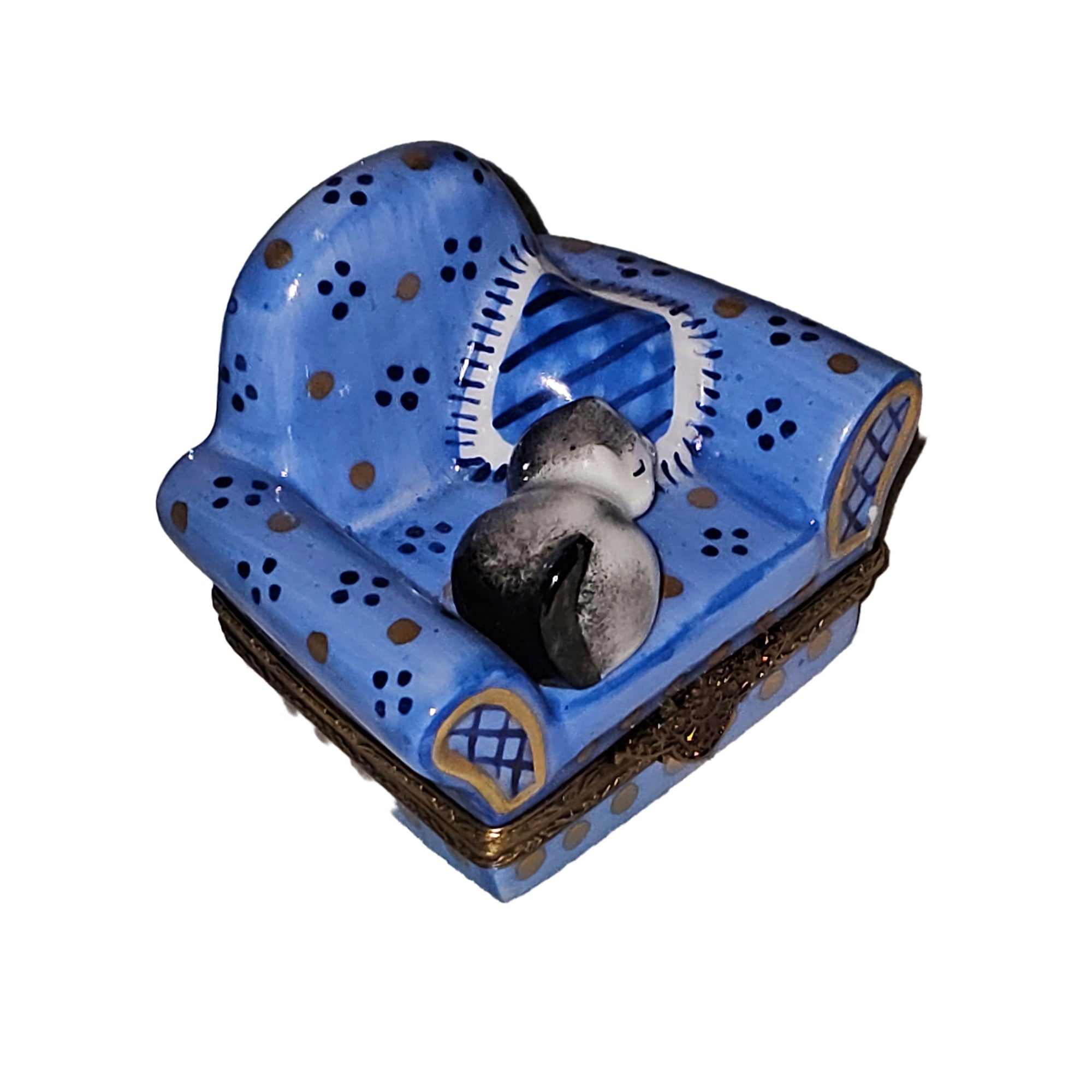 Cat Snuggled on Blue Armchair Porcelain Limoges cat furniture French Trinket Box