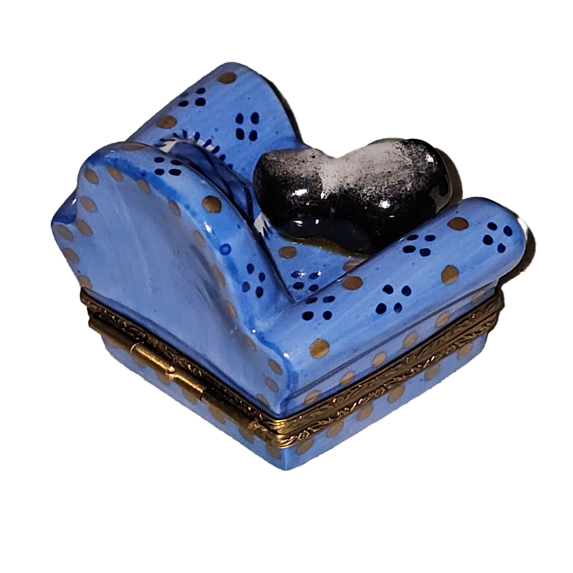 Cat Snuggled on Blue Armchair Porcelain Limoges cat furniture French Trinket Box