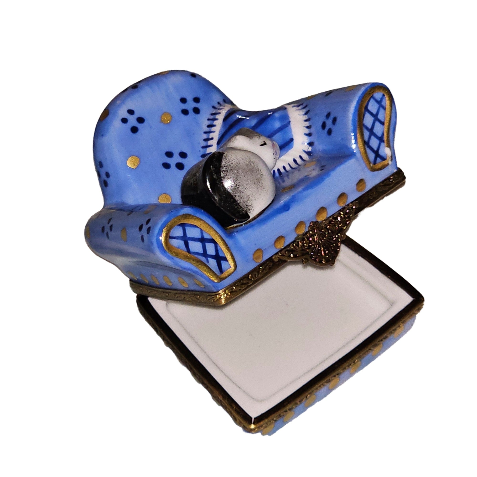 Cat Snuggled on Blue Armchair Porcelain Limoges cat furniture French Trinket Box