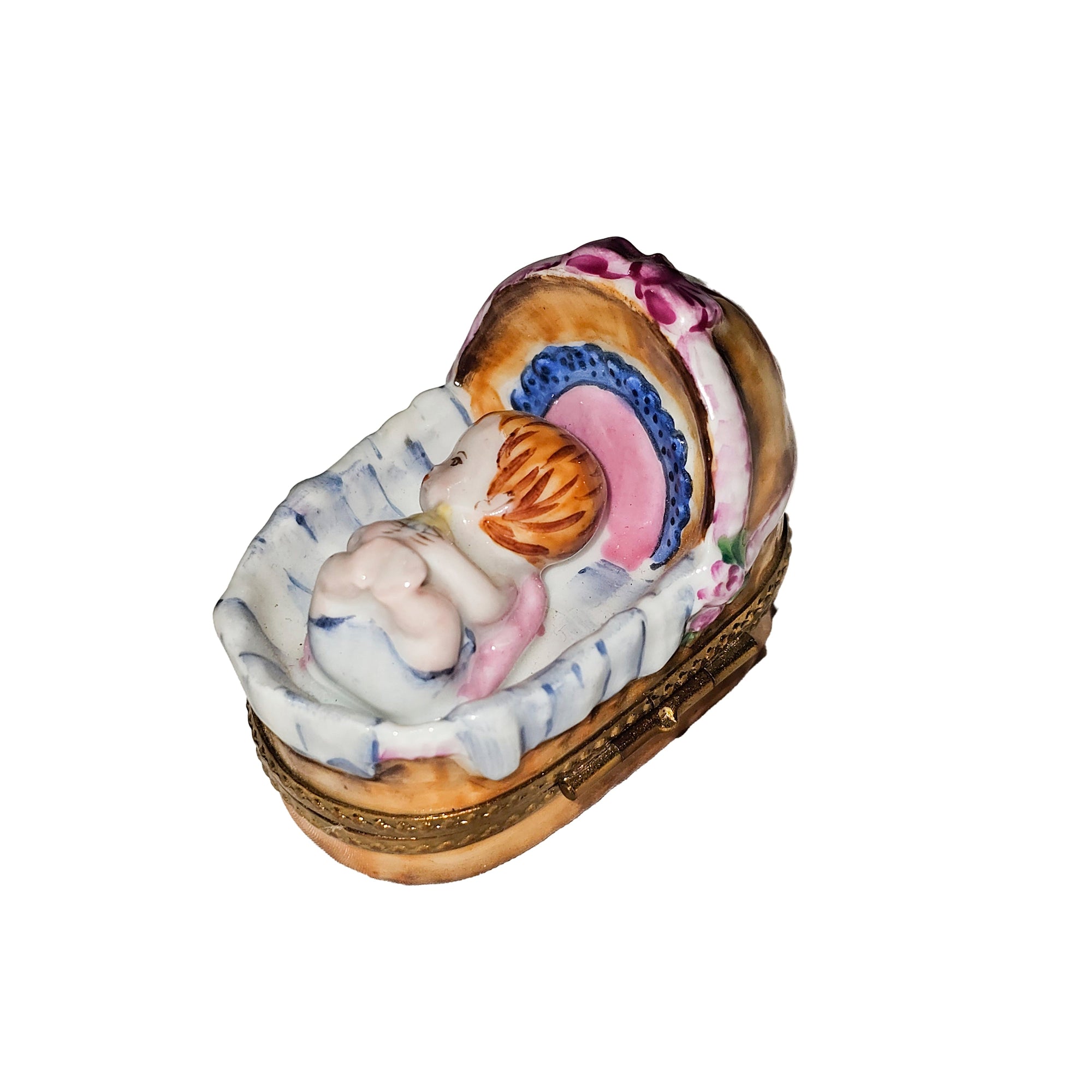 Charming Baby in Basket Limoges Box Porcelain Limoges baby figurines maternity French Trinket Box