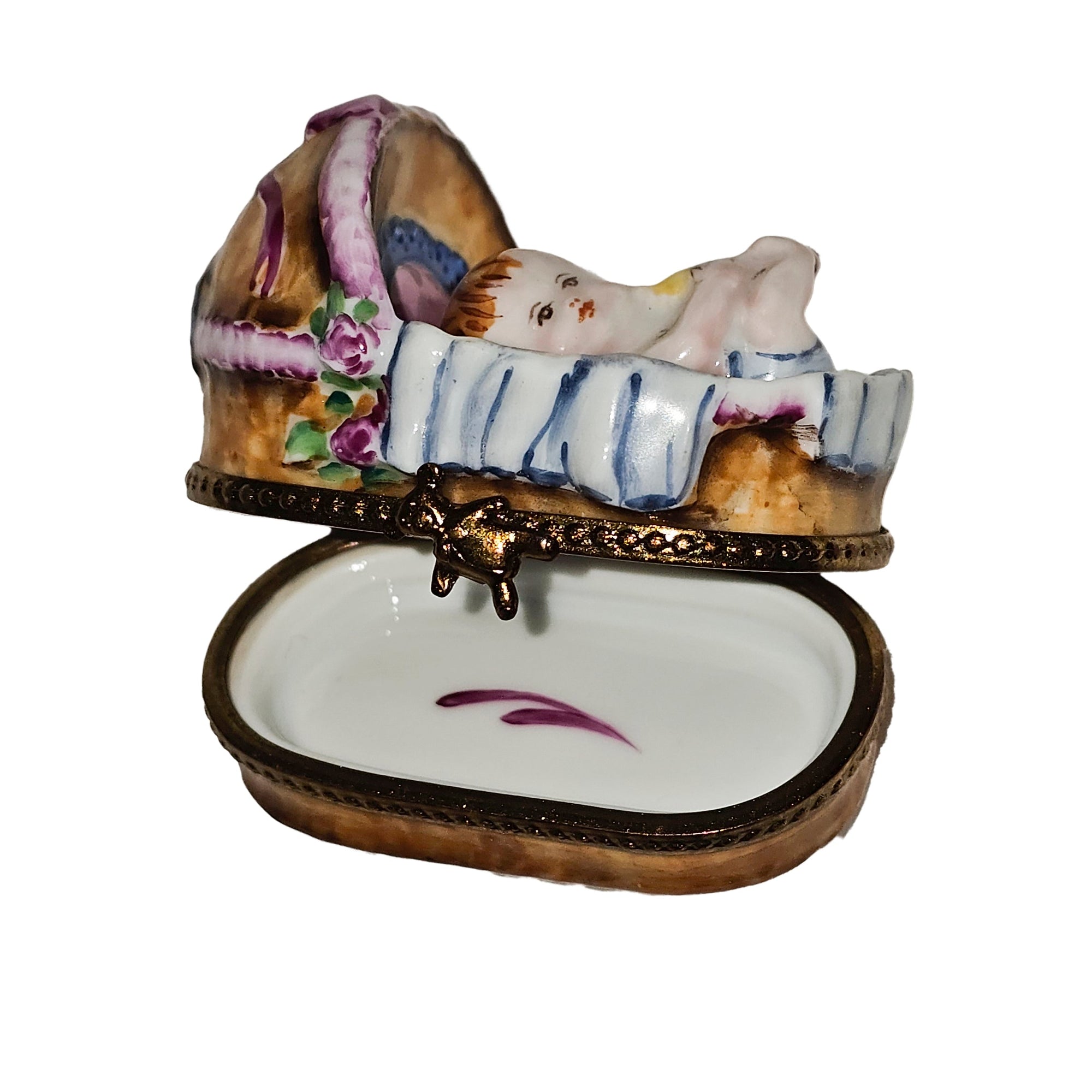 Charming Baby in Basket Limoges Box Porcelain Limoges baby figurines maternity French Trinket Box
