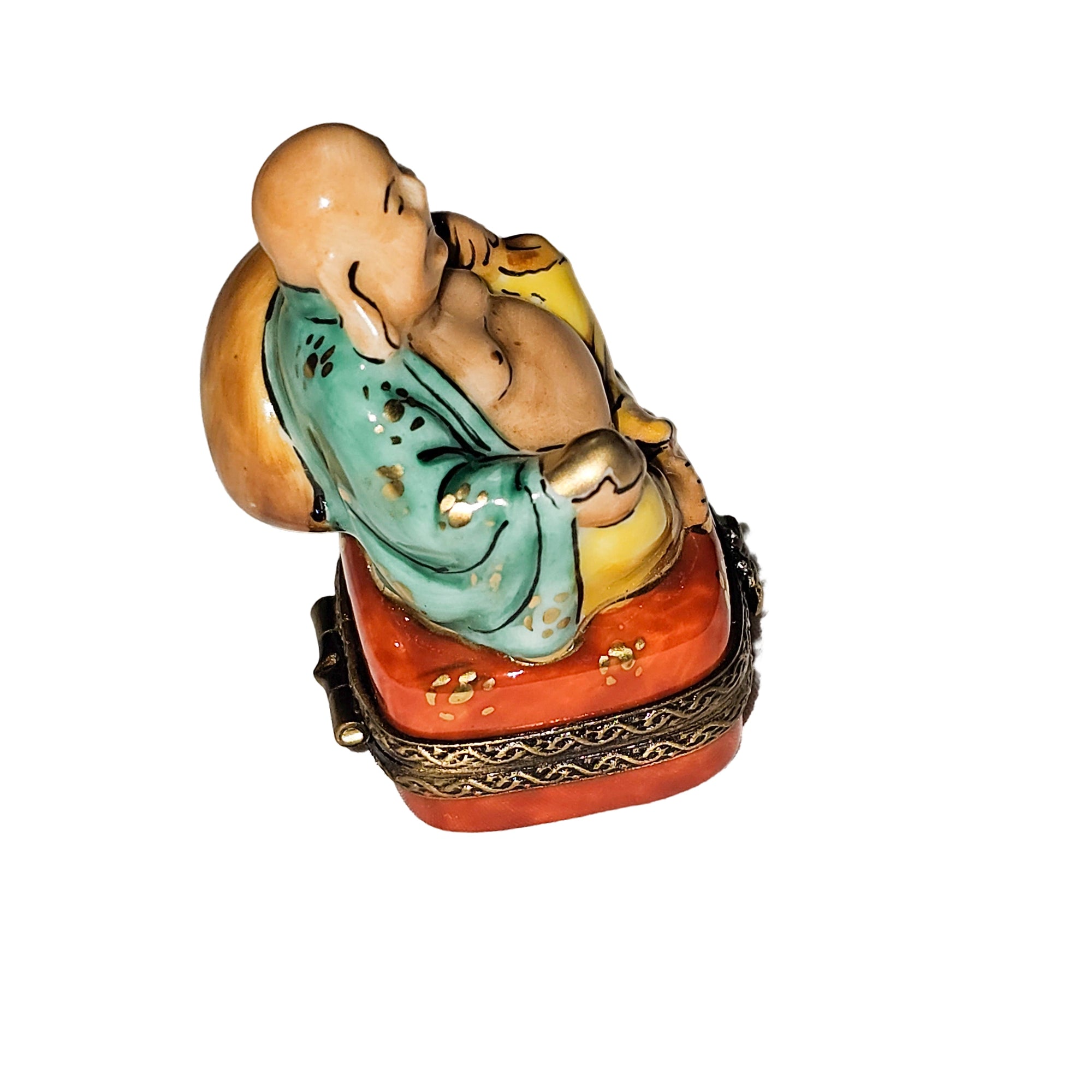 Buddha Figurine in Vibrant Robe Porcelain Limoges religious spiritual travel myth French Trinket Box