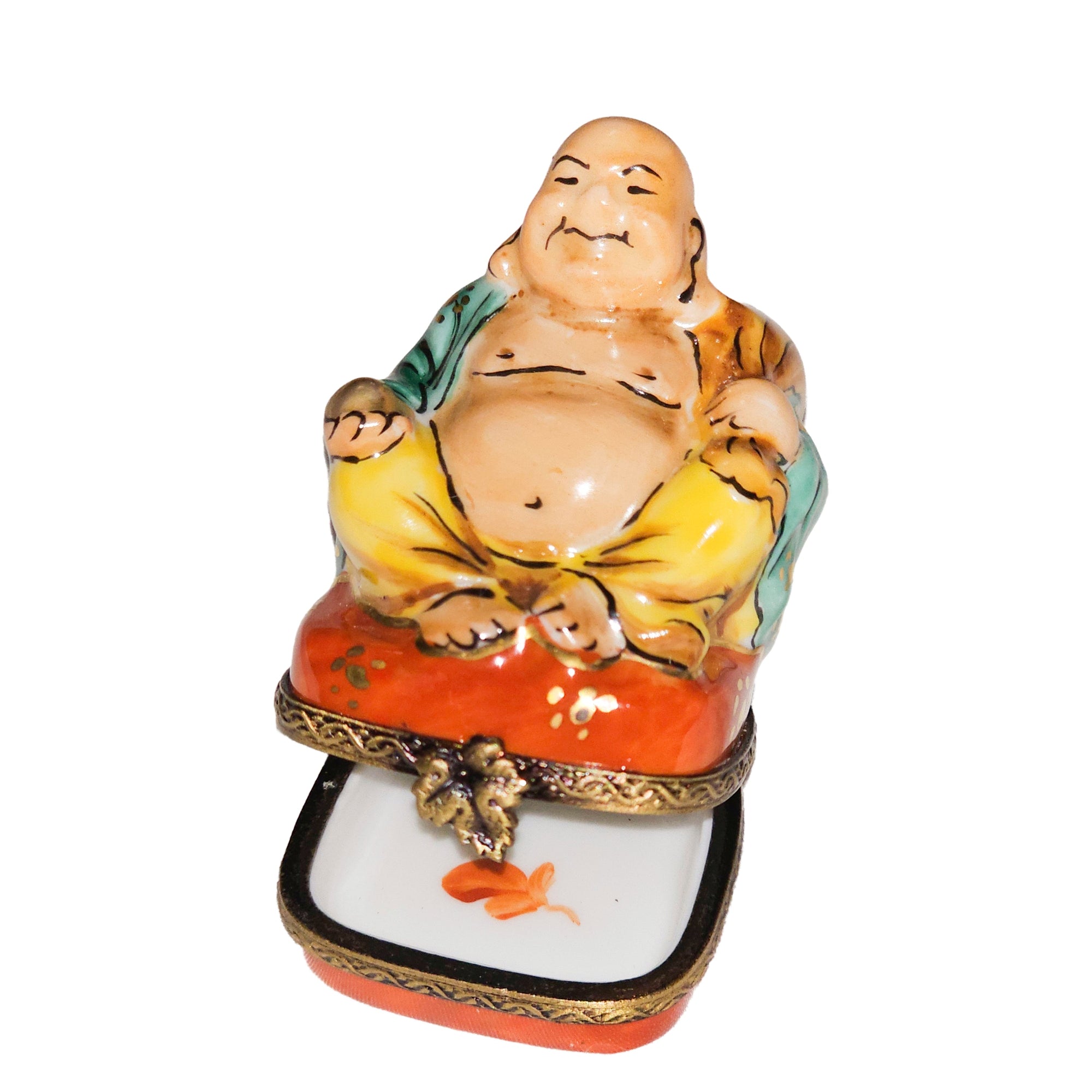 Buddha Figurine in Vibrant Robe Porcelain Limoges religious spiritual travel myth French Trinket Box