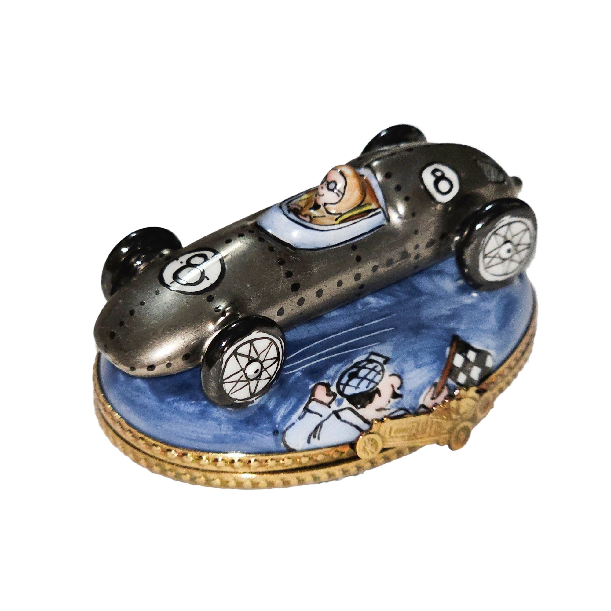 Silver Race Car Limoges Box Porcelain Limoges vehicle car French Trinket Box