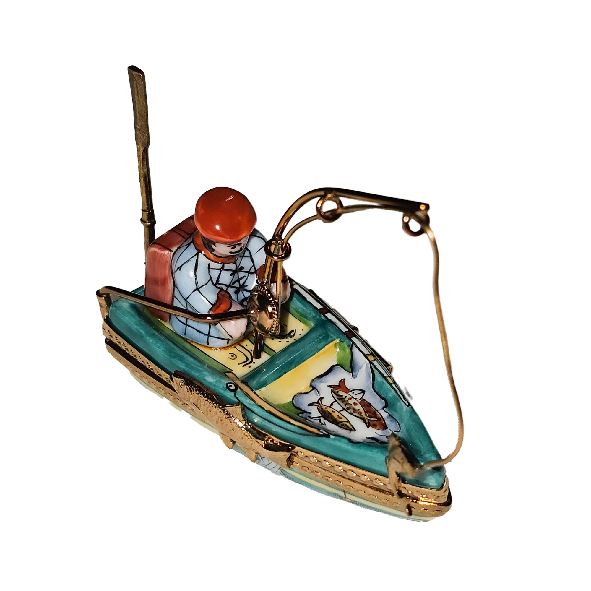 Fisherman in Charming Boat Porcelain Limoges sports men French Trinket Box