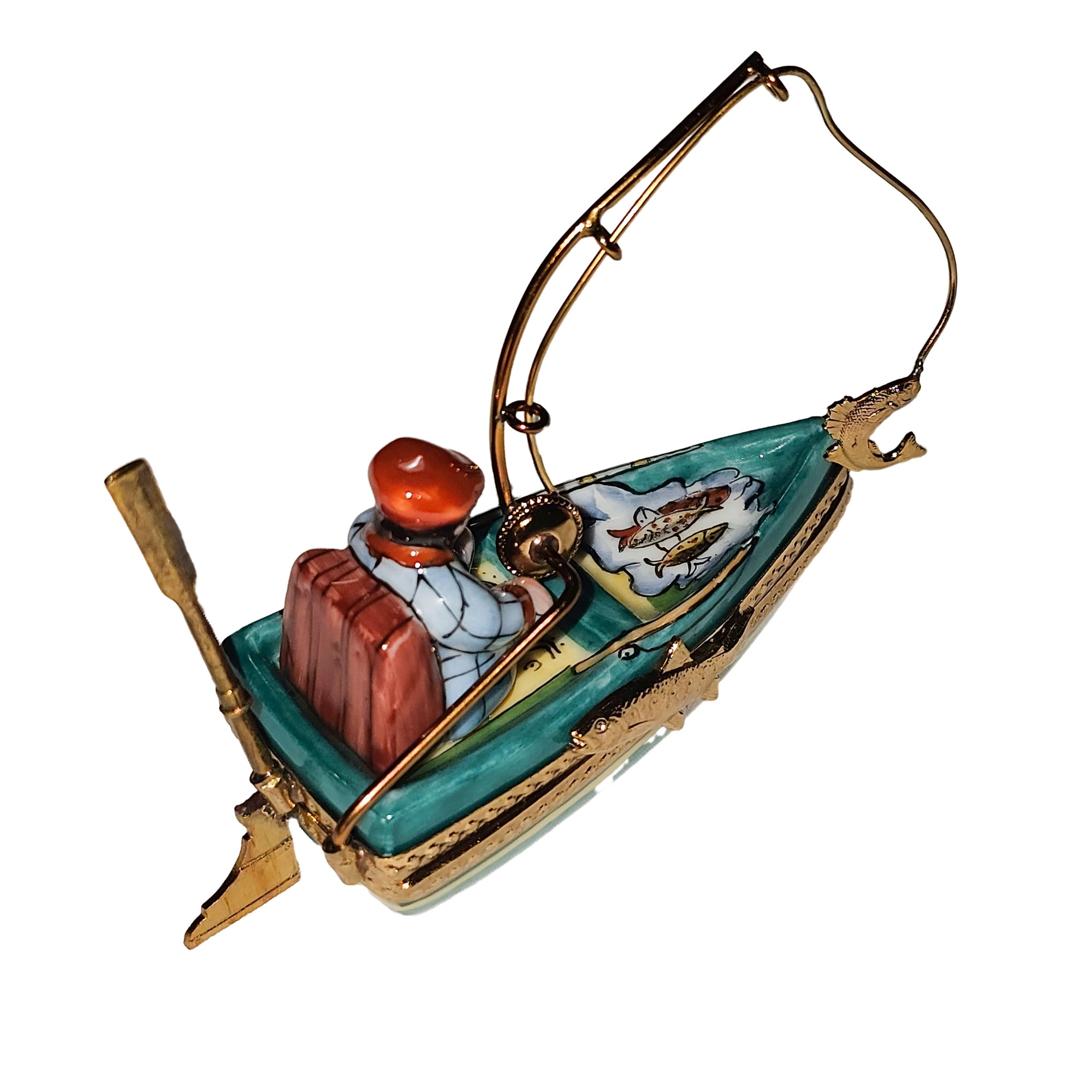 Fisherman in Charming Boat Porcelain Limoges sports men French Trinket Box