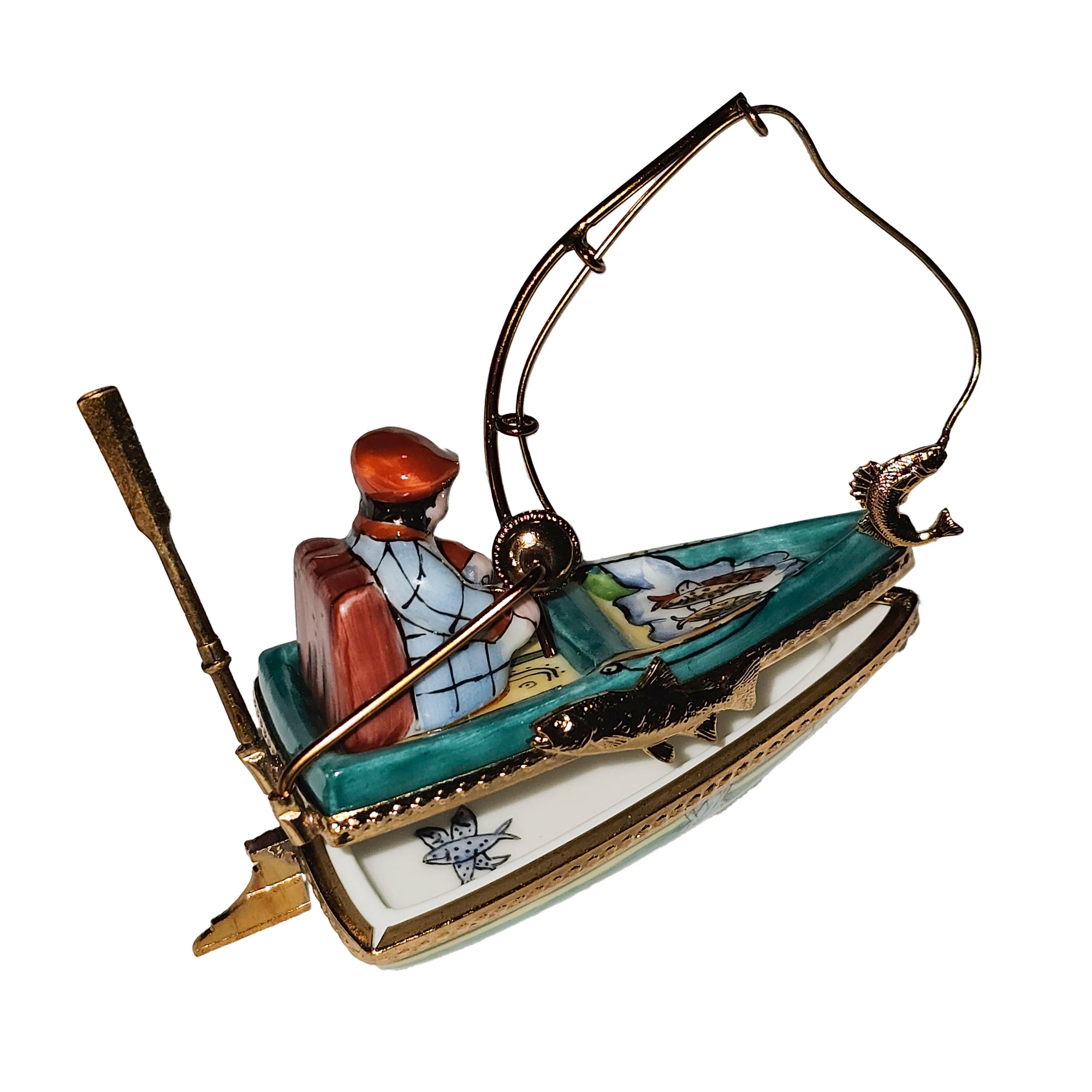 Fisherman in Charming Boat Porcelain Limoges sports men French Trinket Box