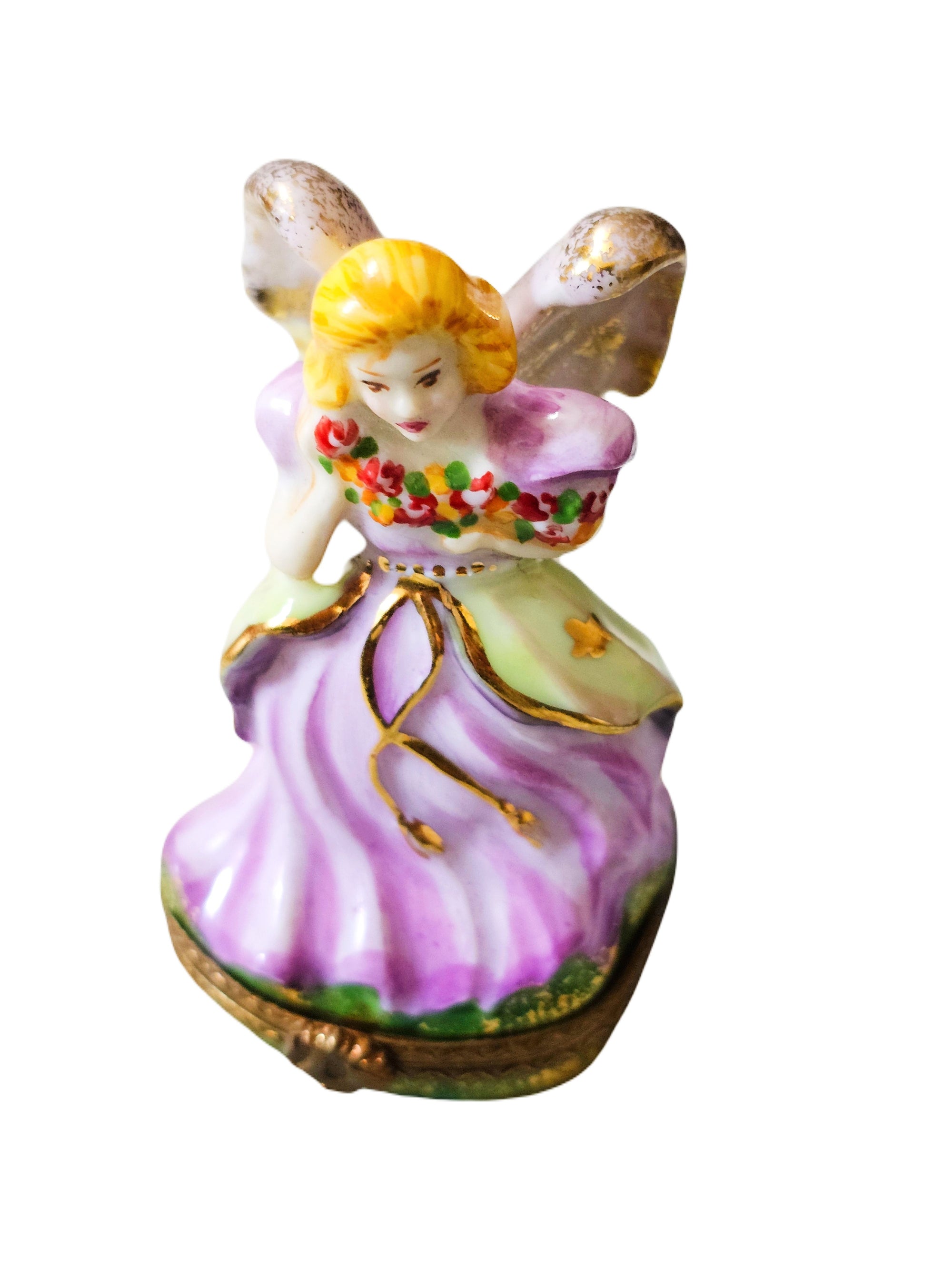 Pink Angel Figurine with Flowers Porcelain Limoges Angel French Trinket Box