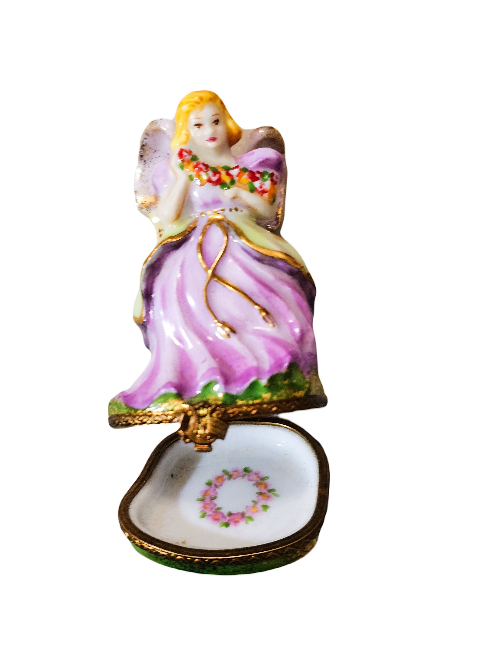 Pink Angel Figurine with Flowers Porcelain Limoges Angel French Trinket Box