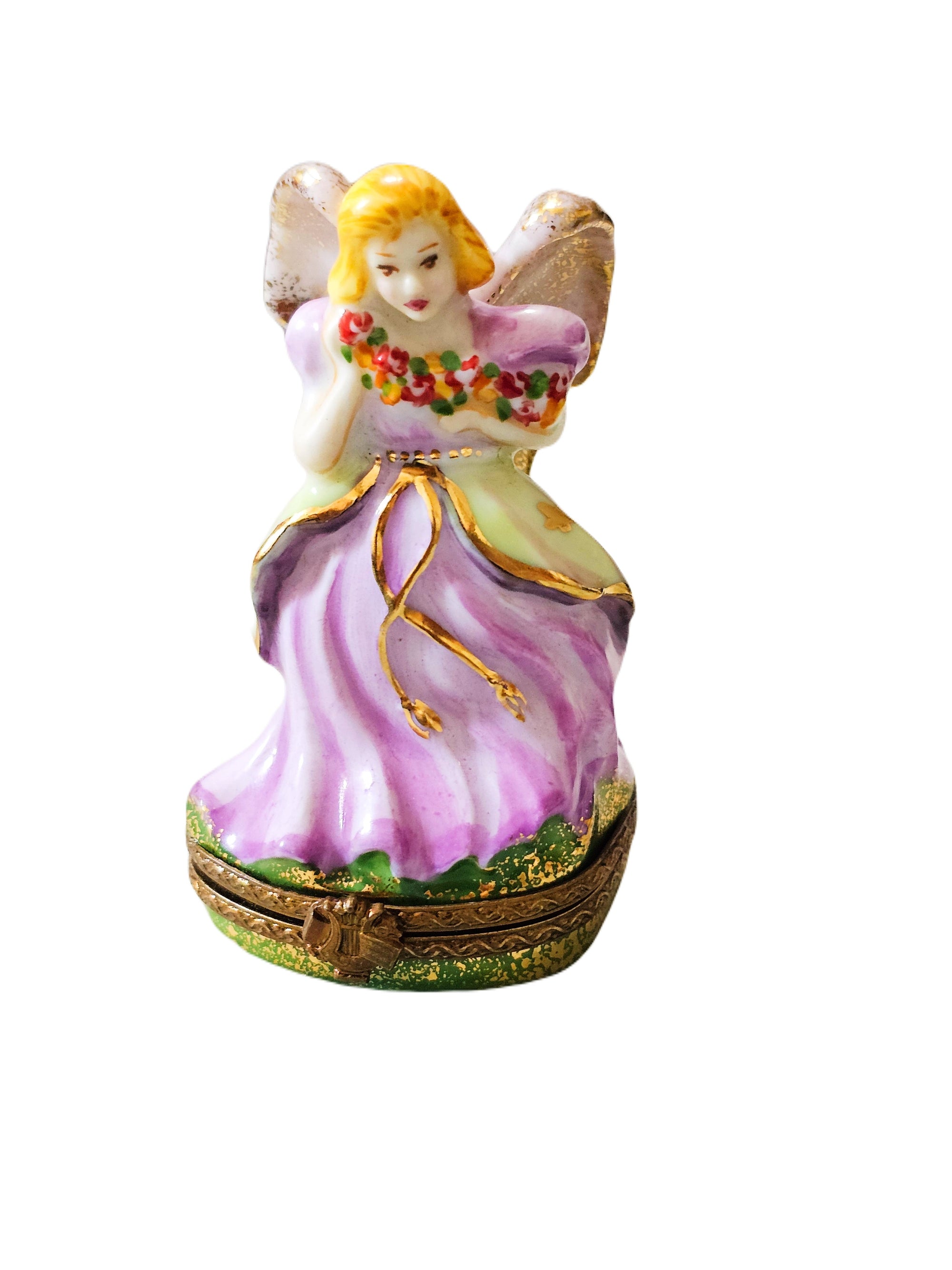 Pink Angel Figurine with Flowers Porcelain Limoges Angel French Trinket Box