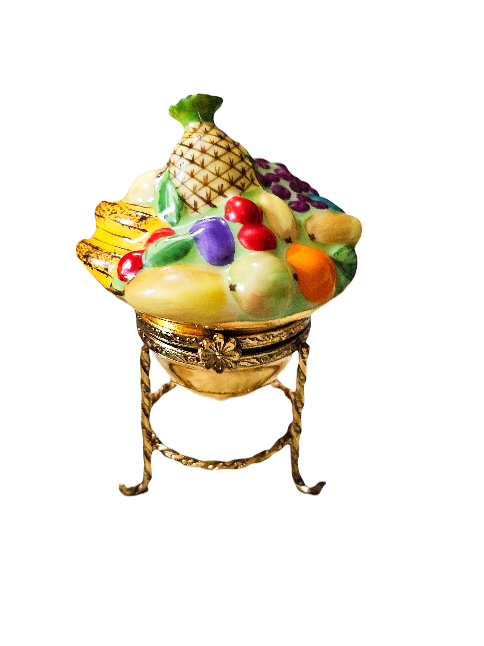 Vibrant Fruit Bowl on Gold Stand Porcelain Limoges Fruit Home French Trinket Box