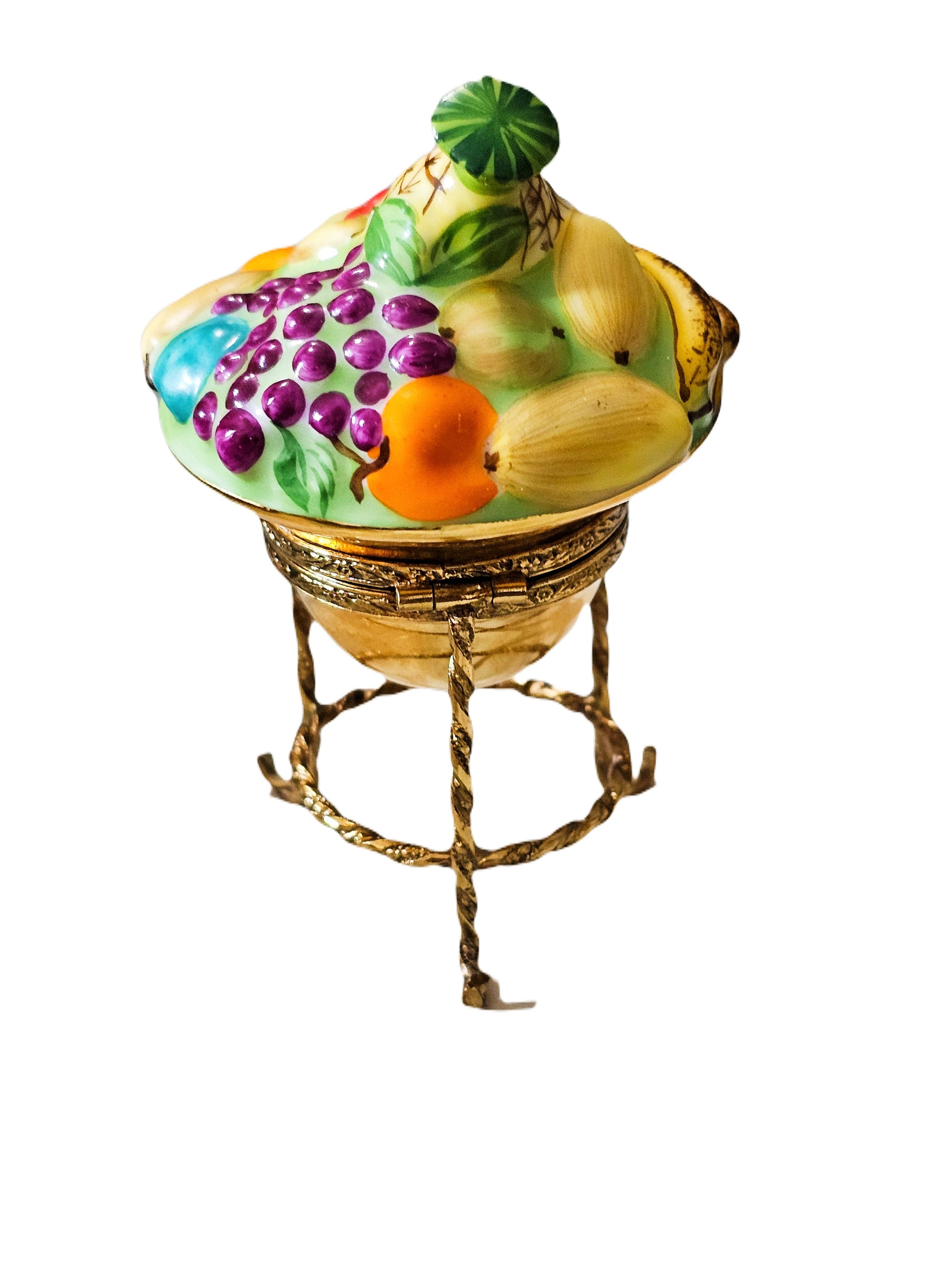 Vibrant Fruit Bowl on Gold Stand Porcelain Limoges Fruit Home French Trinket Box