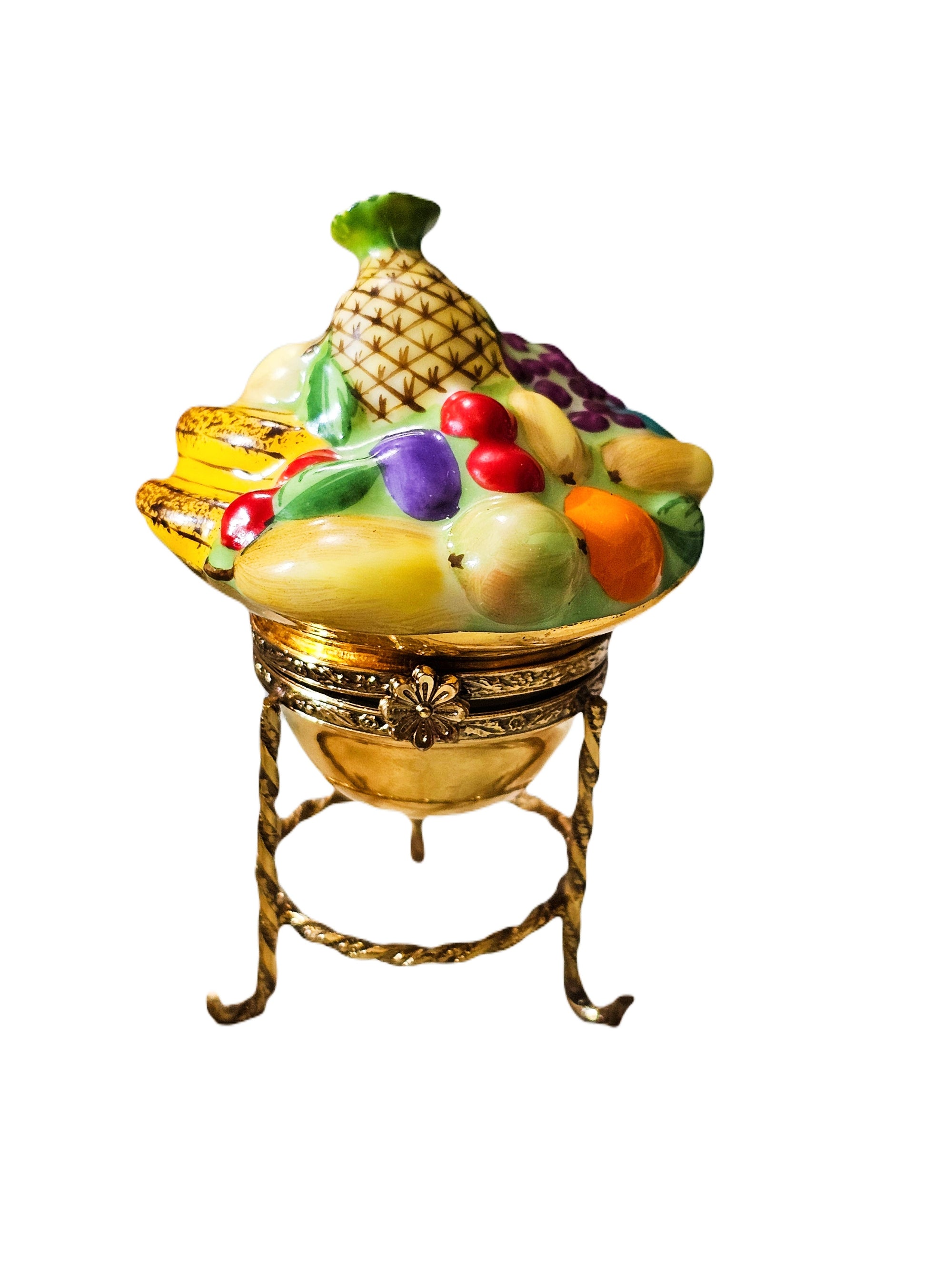 Vibrant Fruit Bowl on Gold Stand Porcelain Limoges Fruit Home French Trinket Box