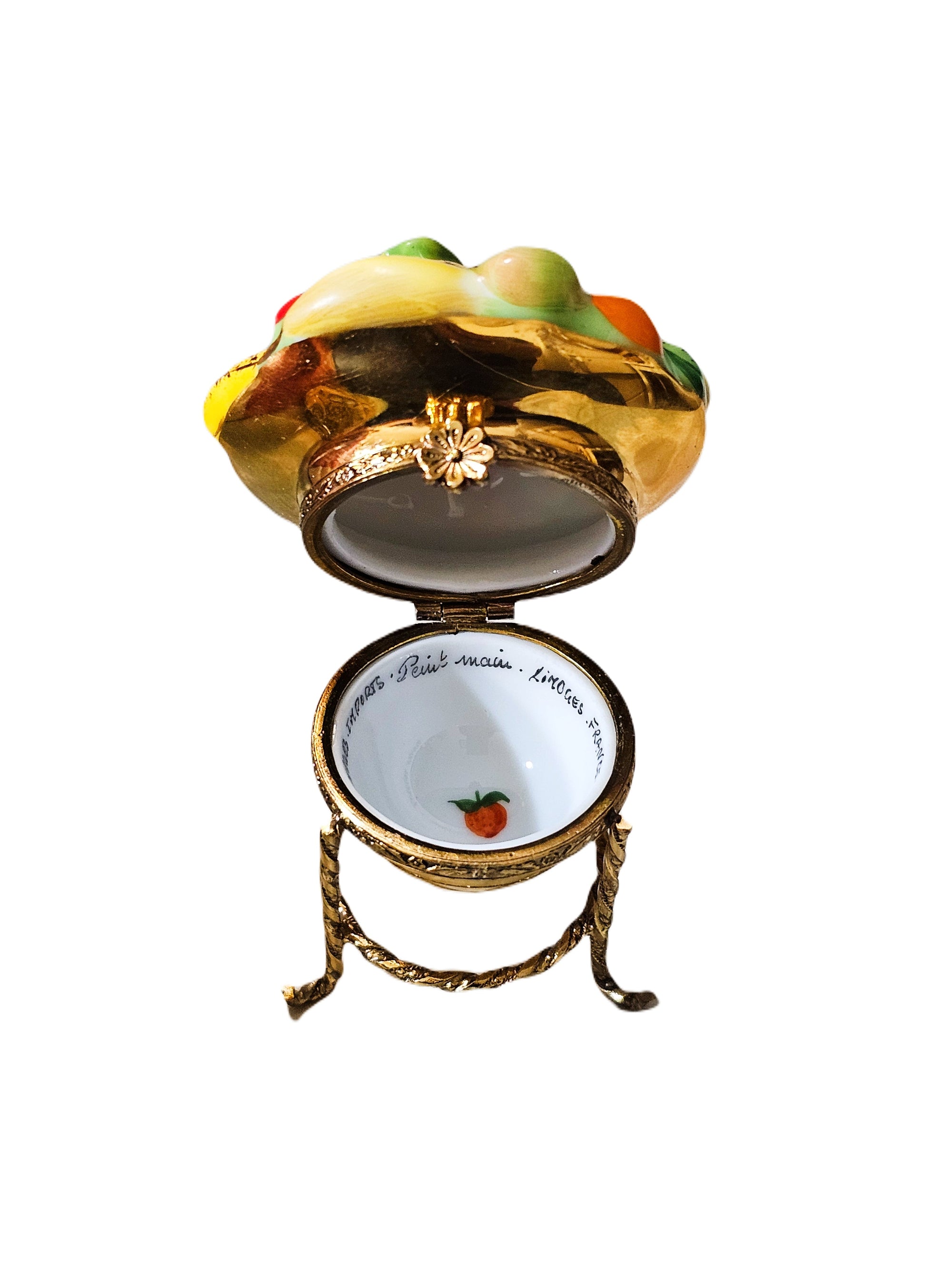 Vibrant Fruit Bowl on Gold Stand Porcelain Limoges Fruit Home French Trinket Box